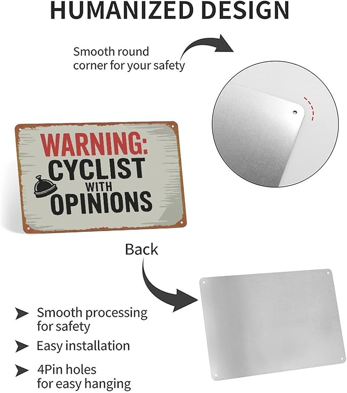 Warning Cyclist With Opinions Left Bell Cycling Vintage Sign Aluminum Metal Sign Posters 8x12 Inch For Living Room Bedroom Bathroom Decoration
