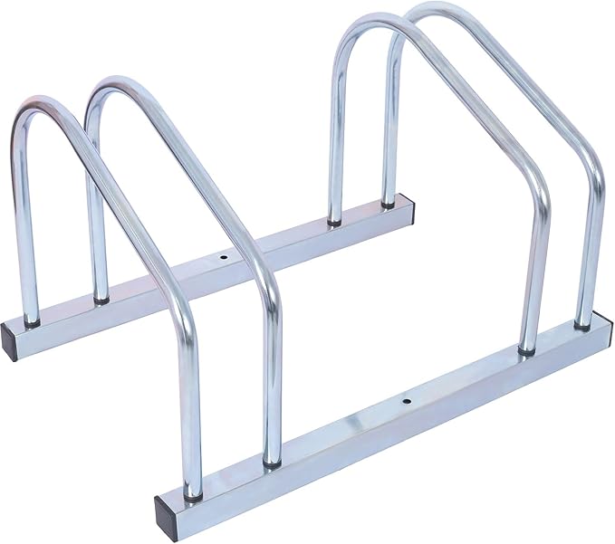 2-Bike Floor Stand, Heavy-Duty Bike Parking Rack for Garage Storage, Indoor/Outdoor Bicycle Floor Stand Fits 22–28" Wheels, Holds Tires up to 2.15", Steel Bike Organizer for Mountain & Road Bikes,Silv