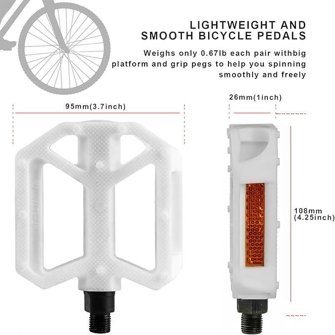 AVASTA Durable Polypropylene Bicycle Pedals with Reflector for Mountain Bike Road Bike and Other Bicycles,Two Thread Size（9/16”&1/2“）