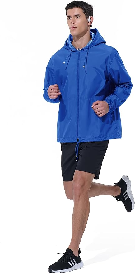 Mens Rain Jacket Raincoat Windbreaker Running Waterproof Lightweight Packable with Hood Travel Hiking Cycling