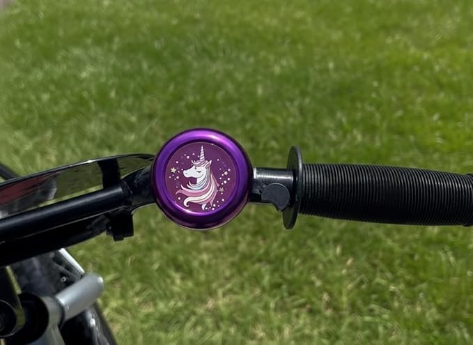Kids Bike Bell with Streamers, Purple and Green, Unicorn and Dinosaur Theme, Bicycle Accessories