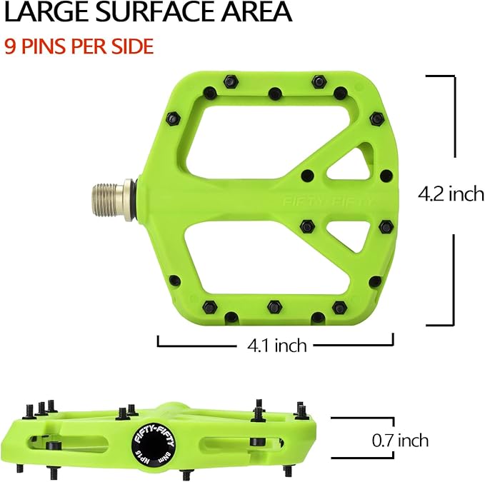 FIFTY-FIFTY Mountain Bike Pedals, Non-Slip MTB Nylon Composite, 9/16" Bicycle Pedals, Lightweight and Wide Flat Platform
