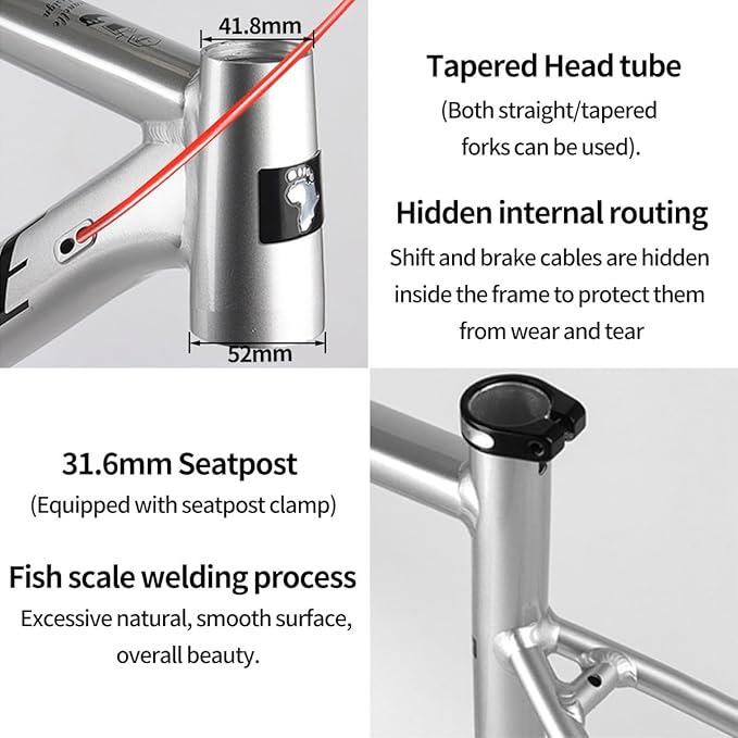 700C Racing Road Bike Frameset 48cm 50cm Aluminum Alloy Disc Brake Bike Frame Thru Axle F12*100MM R12*142MM BSA BB68mm Carbon Fibre Rigid Fork(Silver,48cm)
