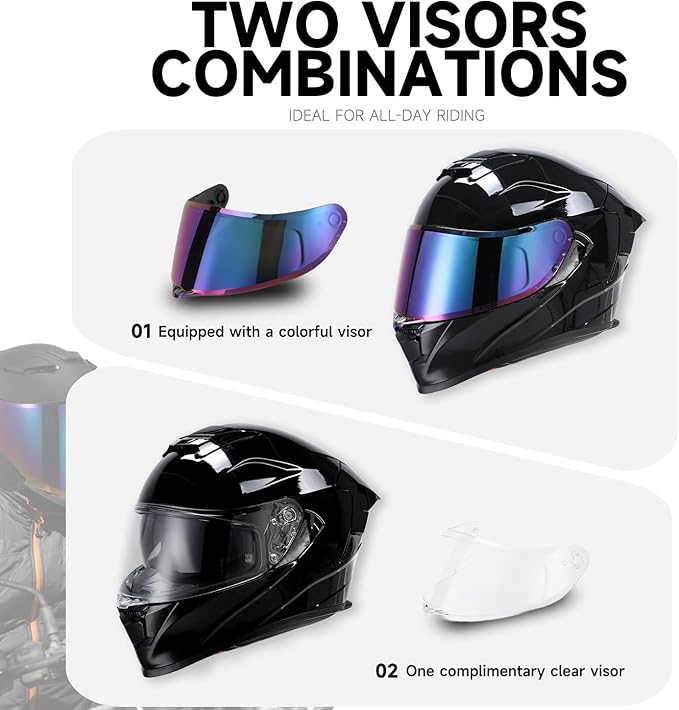 TCT-MOTORPARTS Adult Dual Visors Full Face Motorcycle Helmet Motorbike Racing Street Bike Helmets DOT Approved Gloss Black Medium Size