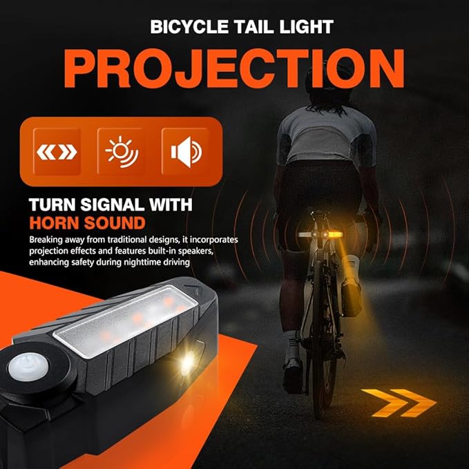 Teguangmei Upgrade Bike Tail Light with Projection USB Rechargeable Bike Turn Signals 150 Lumen Ultra Bright Turn Signals for Bicycle with Alarm Horn Bicycle Rear Light for Night Riding, 5 Mode