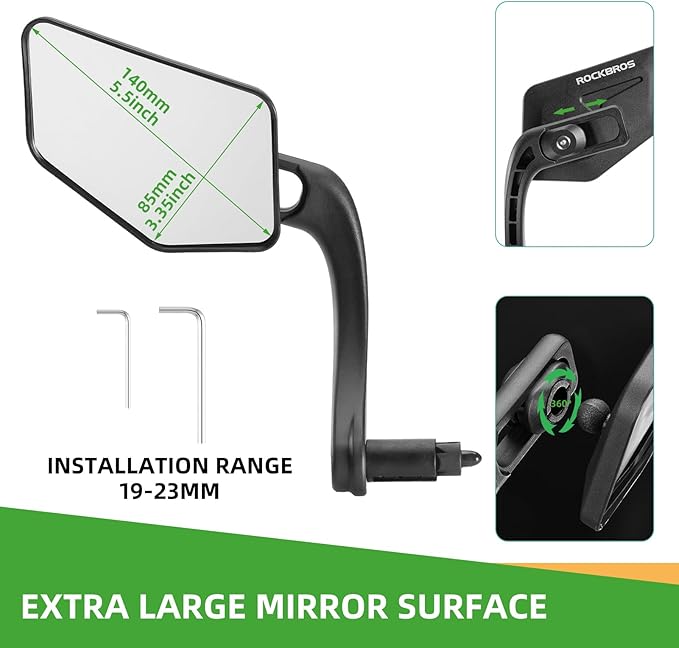 ROCKBROS Bike Mirror Handlebar Mount Bar End Mirror, 360° Adjustable Bicycle Mirrors for Handlebars, HD Automotive Grade Glass, Scratch-Resistant for E-Bike, MTB, and Electric Bicycles Left