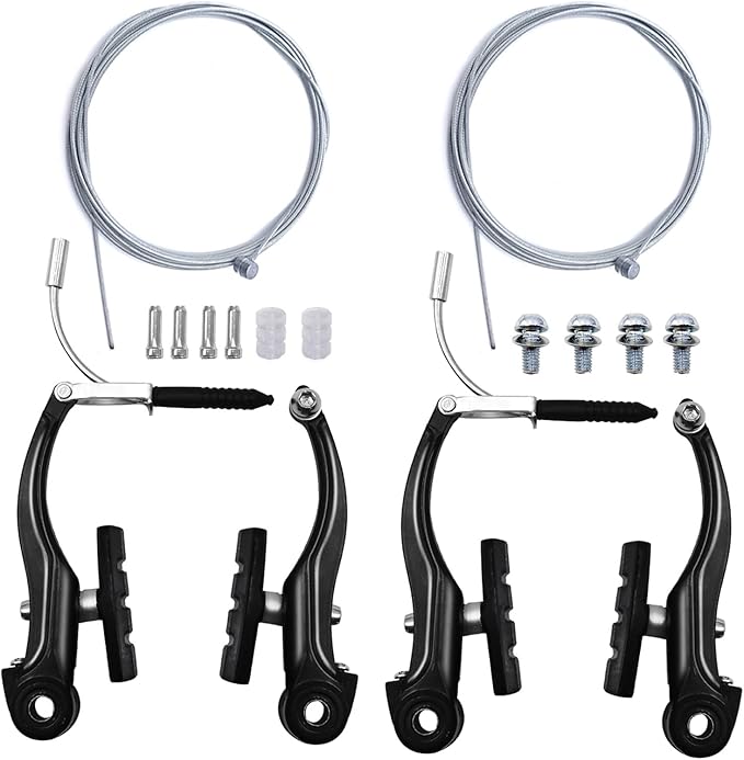 2 Pairs Bike Brakes, Universal Complete V Bike Brakes Set, Mountain Bike Replacement for Most Bicycle,Road Bike Brakes Cables with Front Back Wheels End Caps,End Ferrules -Black