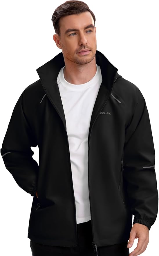 Men's Rain Jacket Waterproof Windproof Breathable for Hiking Cycling Commuting with Hood & Pockets