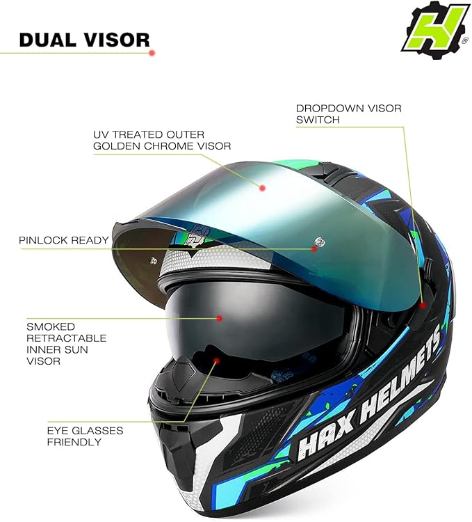 HAX Obsidian Full Face Dual Visor Adult Motorcycle Helmet for Motorbike Street Bike with Pinlock Ready DOT Approved (Blaze Blue,XXL)