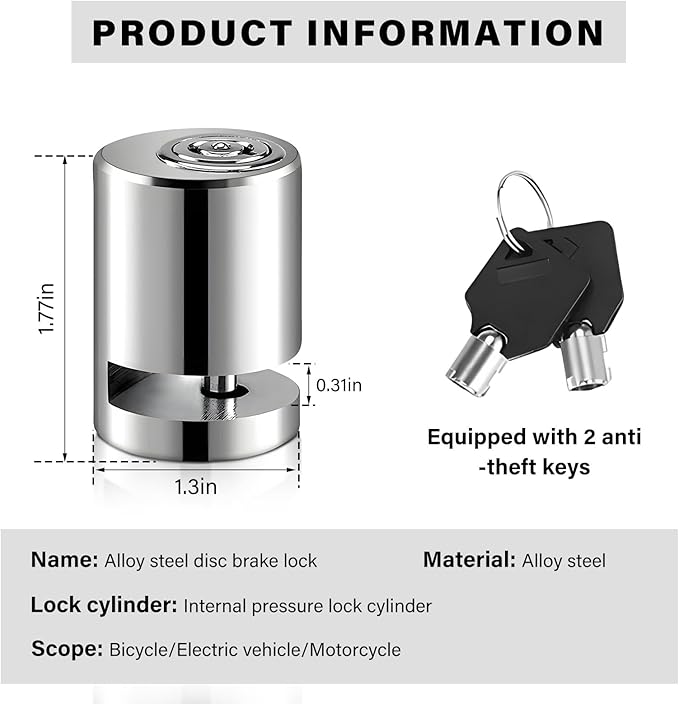 2PCS Motorcycle Disc Brake Lock, Anti Theft Motorbike Safety Brake Disk Lock with Two Keys, Mini Alloy Steel Security Wheel Disc Lock for Electromobile Road Cycle Mountain Bike (1PCS)