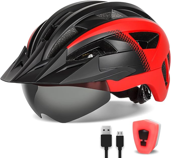 Adult Bike Helmet with Visor and Goggles for Men Women Mountain Road Bicycle Helmet Rechargeable Rear Light Cycling Helmet