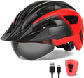 Adult Bike Helmet with Visor and Goggles for Men Women Mountain Road Bicycle Helmet Rechargeable Rear Light Cycling Helmet