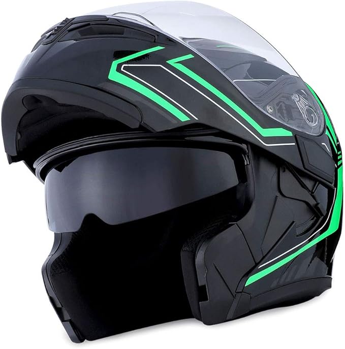 1Storm Motorcycle Modular Full Face Helmet Flip up Dual Visor Sun Shield: HB89 Arrow Green