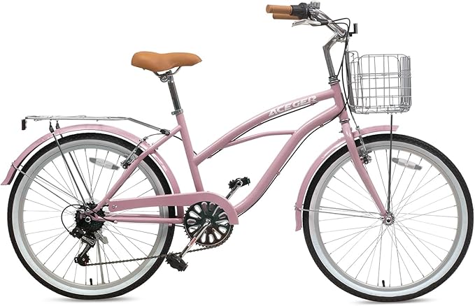 ACEGER 24 26 Inch Women Beach Cruiser Bike, Single Speed and 7 Speed, Adult Hybrid Bike Commuter Bicycle, Hi-Ten Steel Frame with Adjustable Handlebar and Saddle, Multiple Colors