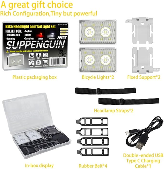 Bike Lights for Night Riding, USB Rechargeable, Front and Back, 3+4 Modes, Headlight and Taillight Set, IP44 Waterproof, Accessories, Night, (2 Pack)