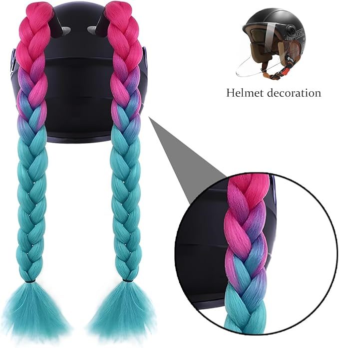 Helmet Pigtail Braids, 2PCS Motorcycle Helmet Ponytail Hair Tails Braid with Detachable Suction Cup, Hel-met Not Included, Bike Decoration Accessories, Universal for Bicycle Motorbike (Style1)