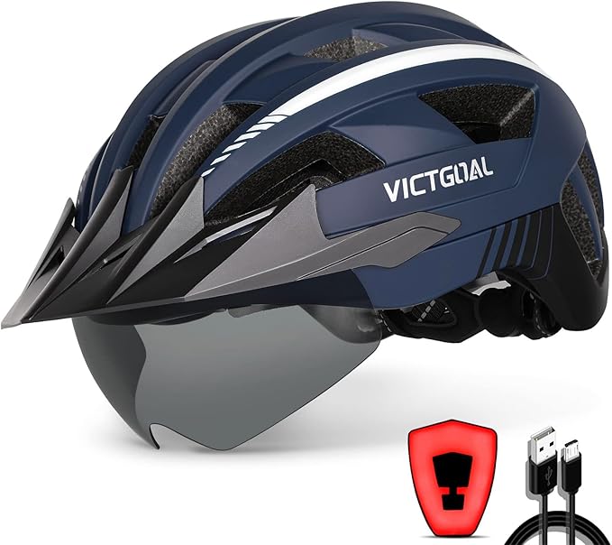 VICTGOAL Bike Helmet with USB Rechargeable Rear Light Detachable Magnetic Goggles Removable Sun Visor Mountain & Road Bicycle Helmets for Men Women Adult Cycling Helmets