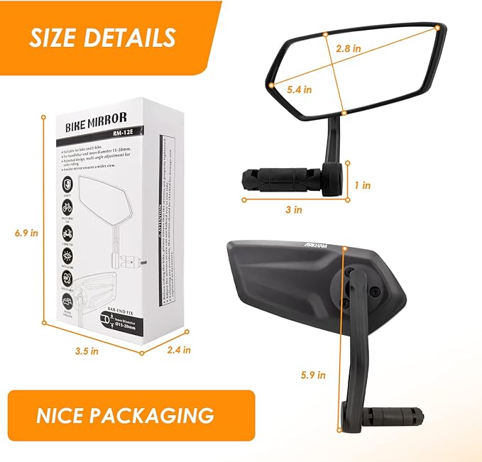 Arkham Bike Mirror for Handlebar HD Bar End Bicycle Mirror Thickened Auto-Grade Glass for Handlebar Rearview Mirror Multi-Angle Adjustable, Essential Bike Tool for Bicyclists E-Bike Universal(Right)