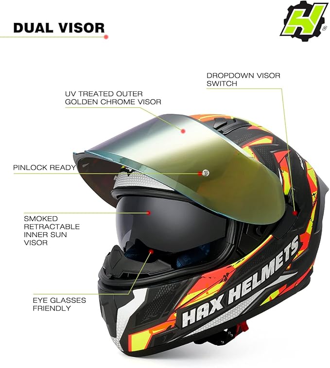 HAX Obsidian Full Face Dual Visor Adult Motorcycle Helmet for Motorbike Street Bike with Pinlock Ready DOT Approved (Blaze Orange,XL)