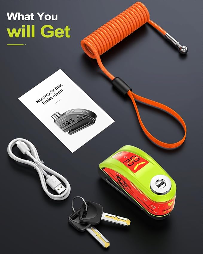 ZEXMTE Motorcycle Alarm Disc Brake Lock, Rechargeable Motorbike Disc Lock Alarm 120dB with 1.8m Reminder Cable, Anti-Theft Waterproof Disc Brake Lock for Motorcycle, Bike, Scooter, E-Bike, Green