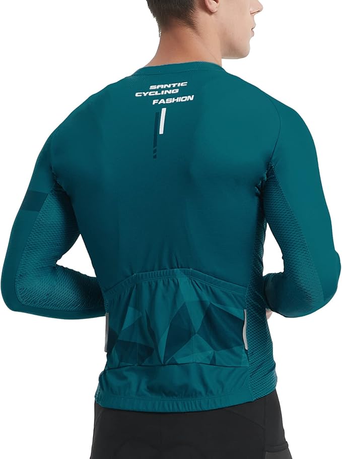 Santic Cycling Jersey Men's Long Sleeve Bike Reflective Full Zip Bicycle Shirts with Pockets