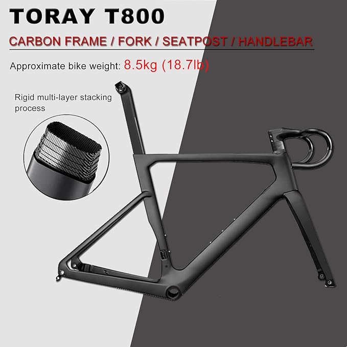KABON Carbon Road Bike, T800 Carbon Fiber Frame 700C Road Bike with 18 Speeds Drivetrain, Integrated Carbon Handlebar, Disc Brakes Racing Bicycle for Men and Women