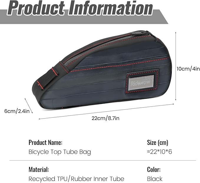 RideRow Compact Bike Top Tube Bag – Waterproof Bicycle Frame Pouch, Fits Up to 6.1" Phone, Narrow No-Rub Design, Secure 3-Point Mount, Cycling Storage for Mountain & Road Bike (Black)