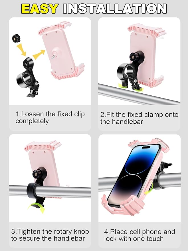 Bicycle Phone Holder,Motorcycle Handlebar Phone Mount,1S Quick Lock Release,360°Rotation Silicone Wrapped Phone Clamp Stand for E-bike,Scooter ATV Strollers Bike Phone Clip,for 4.7- 6.8"Phones