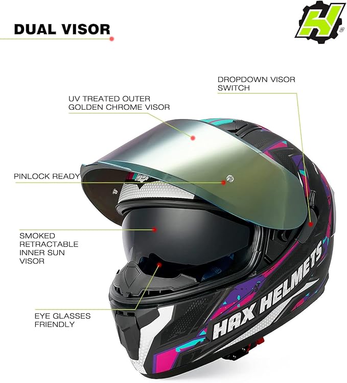 HAX Obsidian Full Face Dual Visor Adult Motorcycle Helmet for Motorbike Street Bike with Pinlock Ready DOT Approved (Blaze Fuchsia,XL)