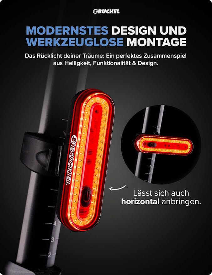 Büchel COB Bike Tail Light - Brake Sensing Technology - Ultra Bright Bike Rear Light LED -and Tool-Free Mounting I Rechargeable and Long-Lasting Rear Bike Light - Bicycle Lights for Night Riding