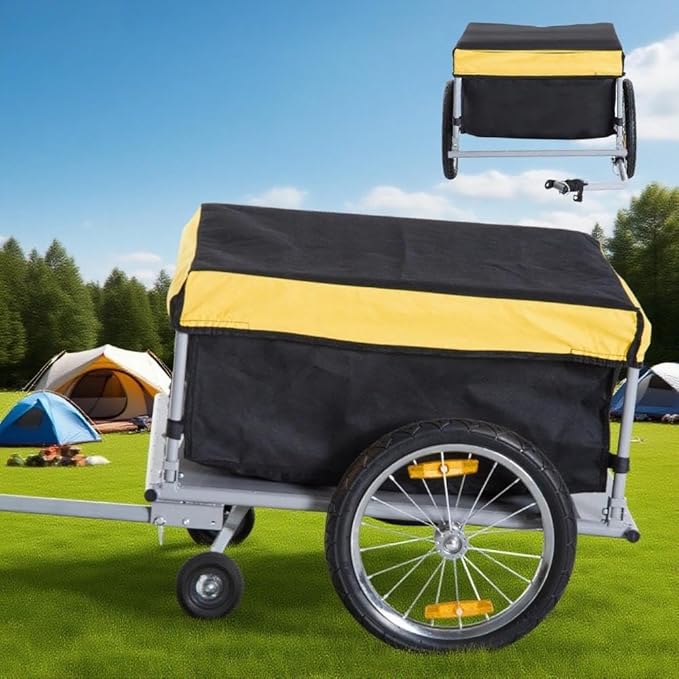 Lightweight Bicycle Trailer, Foldable Bike Cargo Trailer with Universal Hitch, Portable Bicycle Trailers Folding with Removable Cover / 2 Wheels, for Camping, Groceries, Black and Yellow