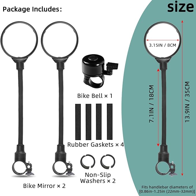 Bike Mirror With Bike Bell 360° Adjustable HD Convex Handlebar Mirror Anti-Scratch Riding Mirrors (2* Mirror + 1* Bell)