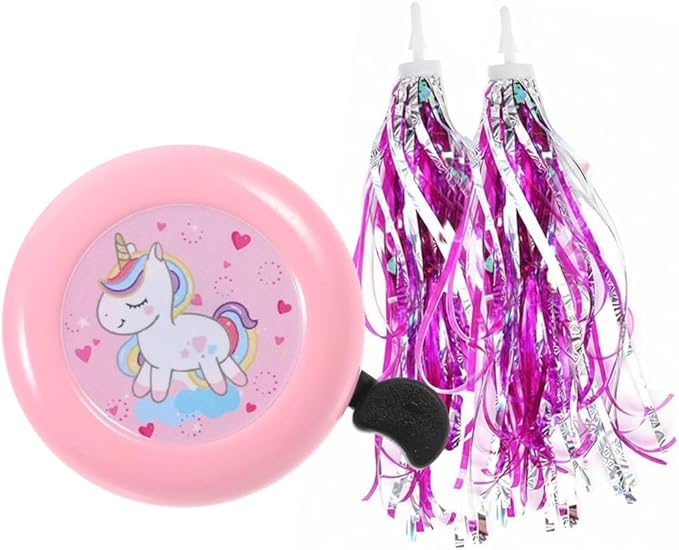 Kids Bike Bell with Streamers, Purple and Green, Unicorn and Dinosaur Theme, Bicycle Accessories