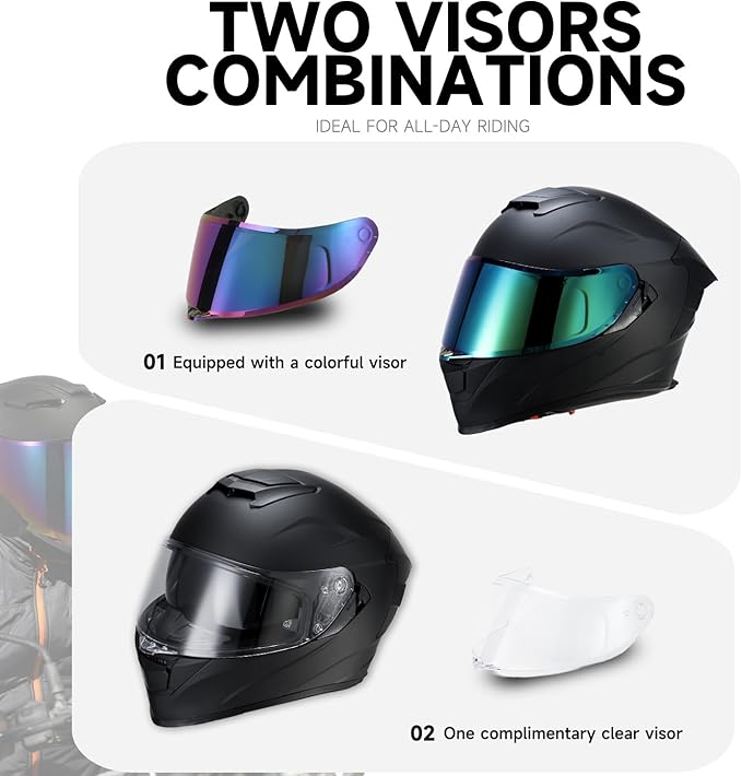 TCT-MOTORPARTS Adult Dual Visors Full Face Motorcycle Helmet Motorbike Racing Street Bike Helmets DOT Approved Matte Black Small Size