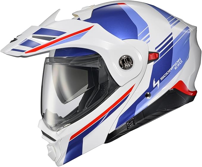 ScorpionEXO AT960 Modular Adventure Street Motorcycle Helmet with Bluetooth Ready Speaker Pockets DOT ECE Approved Monk (White/Blue - Small)