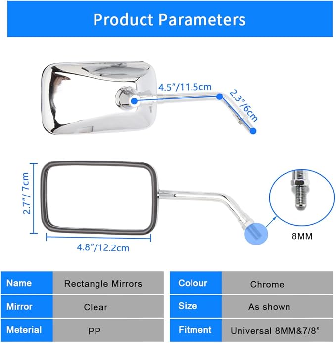 DREAMIZER Chrome 10MM Motorcycle Mirror with 8mm Adapter Compatible with Honda Rebel Shadow Spirit Aero Arrow 600 750 1100 VTX1800 Magna V Star Vulcan Intruder 800 - Rectangle
