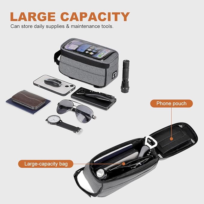 7 Inches Waterproof Bike Frame Bag | 1.5L Capacity Phone Mount Top Tube Bag e-bike Accessories for Adults | Bicycle Handlebar Compatible Phone Holder | Mountain Bike Bags & Cycling Accessories, Grey