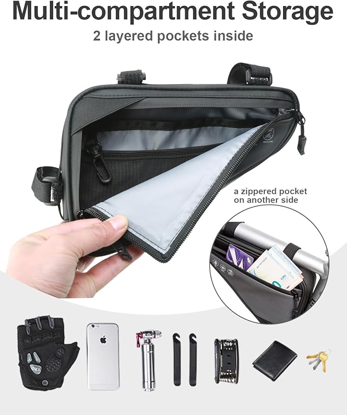Bike Frame Bag 2L, Water Resistant Bicycle Triangle Storage Pouch, Slim Top Tube Pack for MTB Mountain Road Commuter Cycling, Under Seat Gear for Phone Tools Accessories
