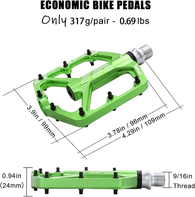 MTB Pedals Flat, Gravel Bike Pedals Flat, Light CNC Aluminum Alloy Platform Pedal w 3 Bearings Cr-Mo Spindle, Grippy Bicycle Pedals w 16pcs Pins, Mountain Bike Pedals Adult Child BMX Bike 9/16"