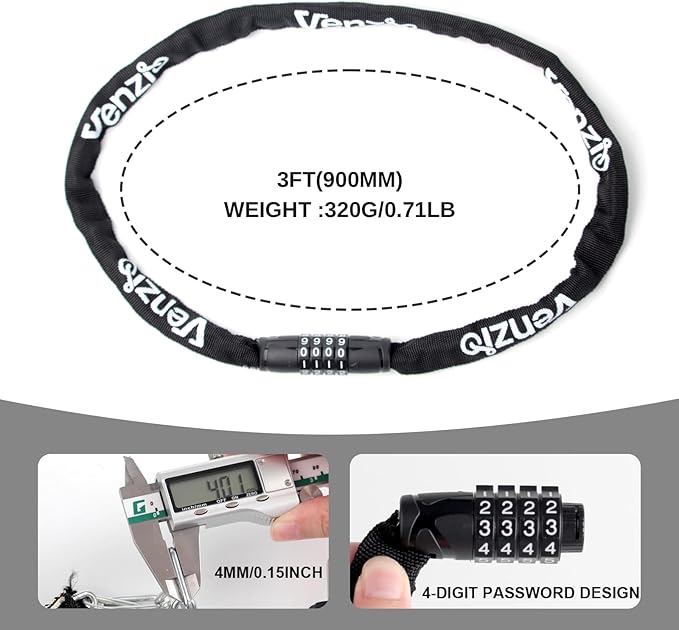 Venzio 4-Digit Combination Bike Chain Lock, Keyless 4mm x 900mm (3FT) Anti-Theft Security Lock for Bicycle, E-Bike, Scooter, Fence, Gate, Door, with Zinc Alloy Core & Fabric Sleeve
