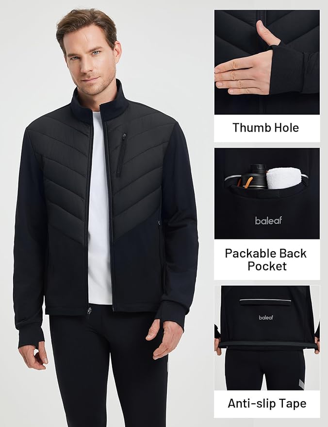 baleaf Men's Cycling Jacket Puffer Lightweight Coat Windproof Warm Winter 5 Pockets Packable Running Hiking