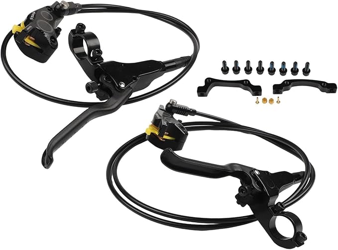 Bicycle Hydraulic Disc Brake Set with Four-Piston Calipers and Aluminum Alloy Construction for Mountain Bike Off-Road and Urban Riding Front/Rear Hose Included(Glod)