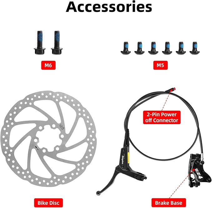 4-Pistons E-Bike Hydraulic Disc Brake Set, 2-PIN Electric Power-Off Hydraulic Brakes Set with 160mm Rotors, Pre-Bled with Mineral Oil Brakes Kit for eBike, MTB, Electric Scooters(Left Front)
