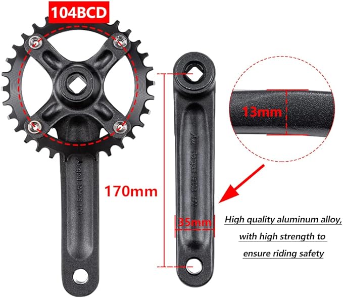 Cyclon Single Speed Square Taper Crankset, 170mm Mountain Bike Crankset with 104BCD 32T/34T/36T/38T/40T/42T Narrow Wide Tooth Round Black Chainring, Replacement for Bicycle Crank Arm Set MTB Crankset