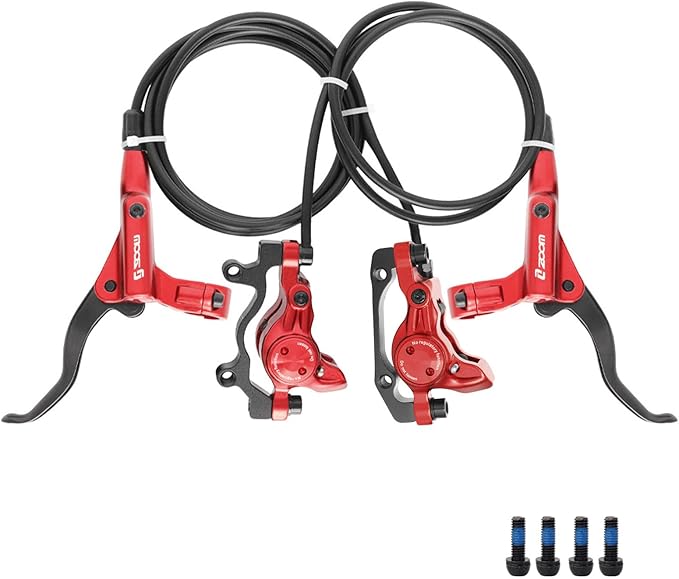 Zoom HB875 Hydraulic Disc Brakes Set, Red, Mountain Bike Left Front 1400mm Right Rear 800mm, Adapter Fit EBike Fat Bike Bicycle for Mountain Bike, Road Bike