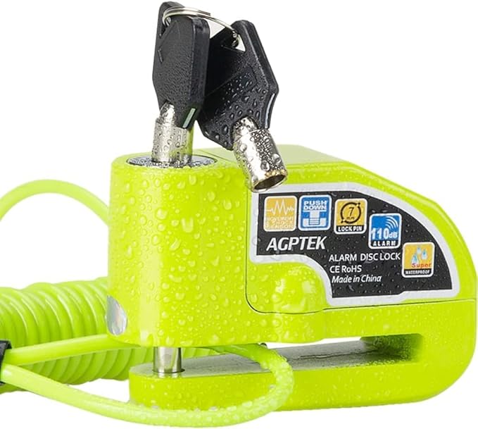 AGPTEK 110db Motorcycle Brake Lock with 5FT Reminder Cable, Anti-Theft Padlock Waterproof with Lock Pin Carrying Bag for Motorcycle Bike Scooter, Green