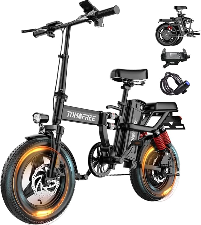 Tomofree 750W Folding Electric Bike, 48V 20AH Removable Battery, 20-25MPH, 14''x 2.1'' Tire, 25-35miles PAS, Front/Full Suspension, 200lbs Load Ebike for Adult, Adult Electric Bicycles for Commute