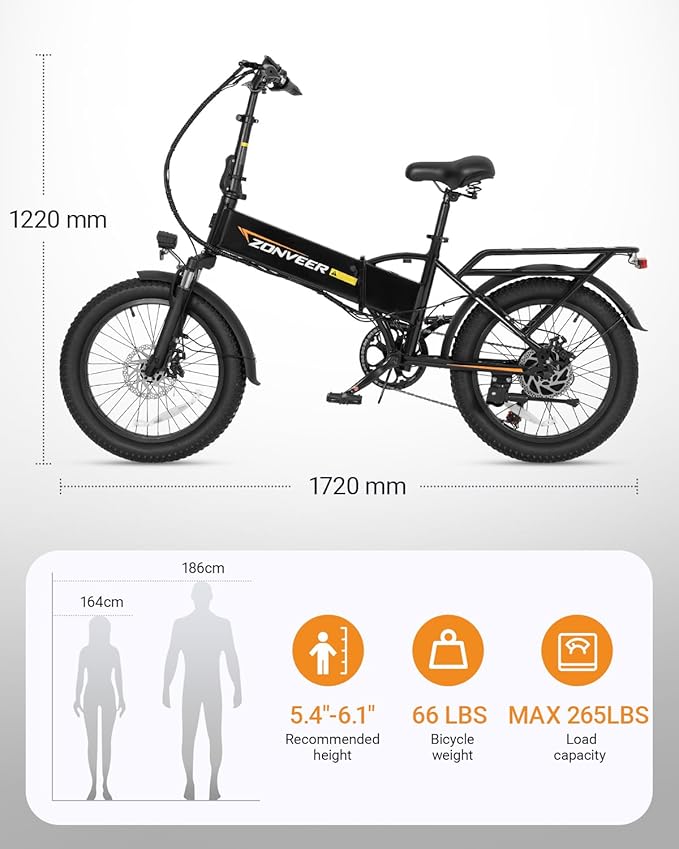 Folding Electric Bike, 48V 10.4AH Large Removable Battery E Bike, 28 MPH, 50 Miles Max Range, 20" Fat Tire Electric Bike for Adults, Adult Electric Bicycles for Commute