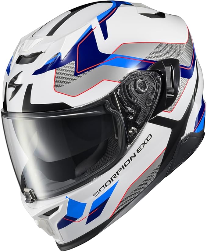 ScorpionEXO T520 Full Face Touring Motorcycle Helmet with Bluetooth Ready Speaker Pockets DOT ECE Approved Zuse (White/Blue - Medium)