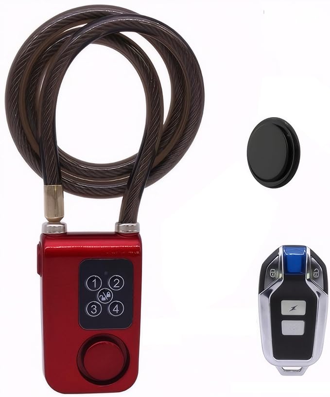 Mengshen ‌Heavy Duty Bike Alarm Lock with Tracker‌ Remote Control & PIN Code Access 10mm Anti-Theft Chain for Motorcycle Bike Stroller Gate Waterproof Red